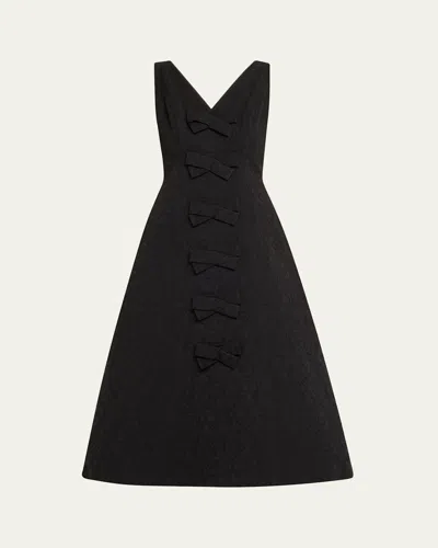 Carolina Herrera V-neck Bow Floral Brocade Midi Dress In Black