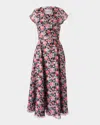 Carolina Herrera V-neck Floral Silk Cap-sleeve Midi Dress In Black