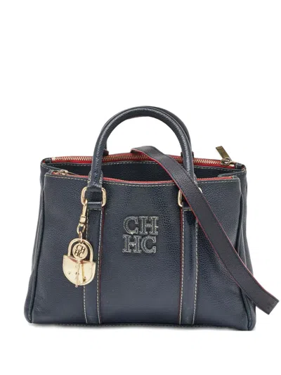 Pre-owned Carolina Herrera Vintage 2024 Leather Lock Tote Bag In Blue