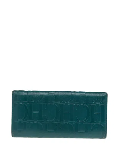 Pre-owned Carolina Herrera Vintage 2024 Monogram Embossed Leather Wallet In Green