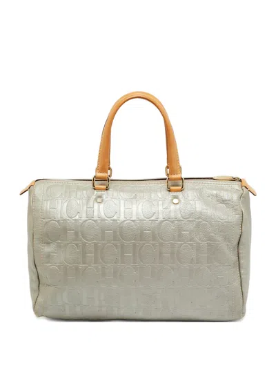 Pre-owned Carolina Herrera Vintage Andy Embossed Leather Tote Bag In Gray