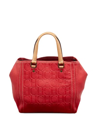 Pre-owned Carolina Herrera Vintage Andy Monogram Leather Tote Bag In Red