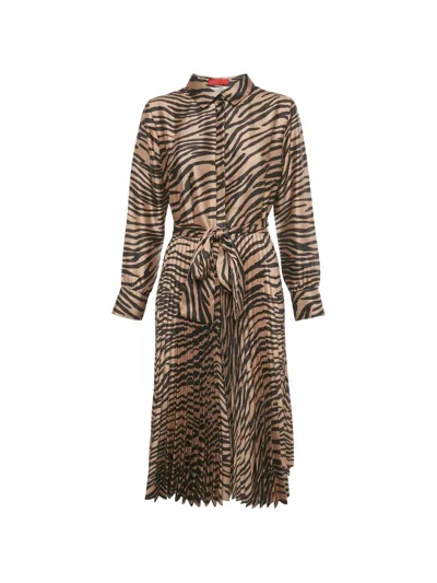 Pre-owned Carolina Herrera Vintage Animal-print Plissé Midi Dress In Brown