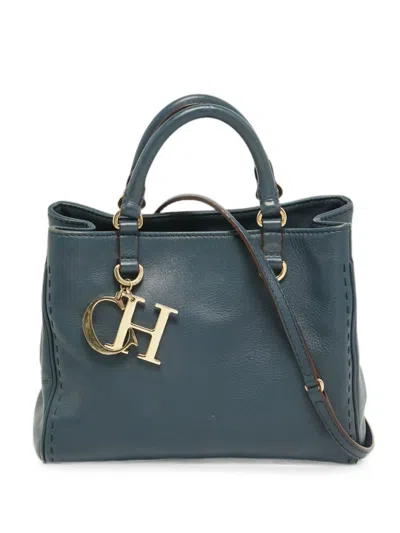Pre-owned Carolina Herrera Vintage Ch Charm Leather Tote Bag In Blue
