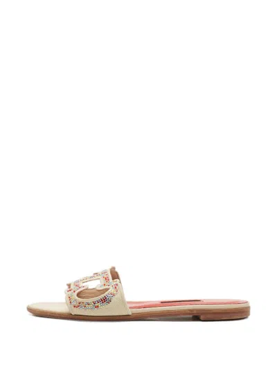 Pre-owned Carolina Herrera Vintage Ch Crystal-embellished Slides In Neutral