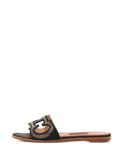 Pre-owned Carolina Herrera Vintage Crystal-embellished Suede Flat Sandals In Black