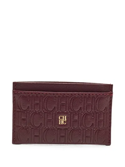 Pre-owned Carolina Herrera Vintage Embossed-logo Leather Card Holder In Red
