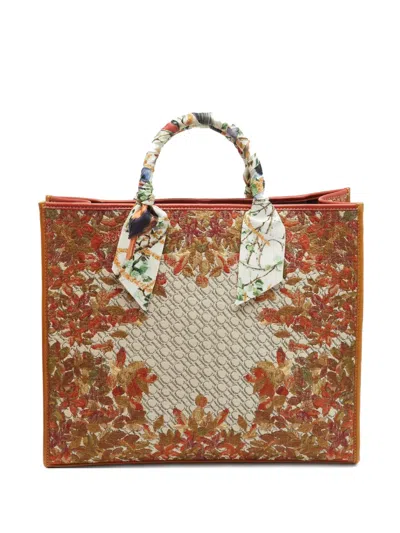 Pre-owned Carolina Herrera Vintage Floral-embroidery Tote Bag In Neutral