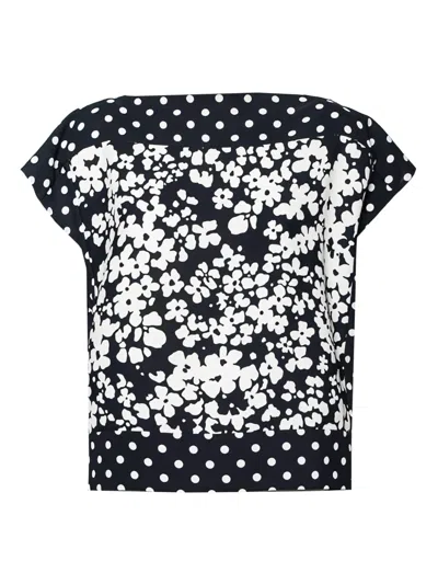 Pre-owned Carolina Herrera Vintage Floral-printed Polka Dot Top In Blue