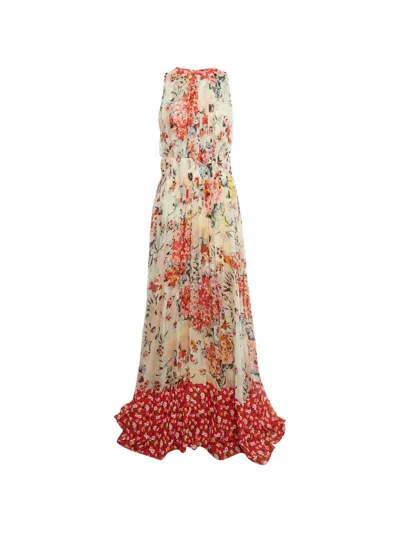 Pre-owned Carolina Herrera Vintage Floral-print Silk Maxi Dress In Neutral