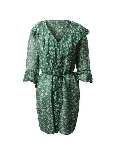 Pre-owned Carolina Herrera Vintage Floral Ruffles Dress In Green