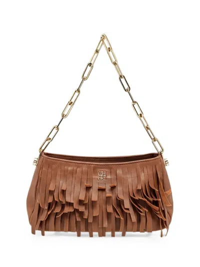 Pre-owned Carolina Herrera Vintage Fringed Chain Tote Bag In Brown
