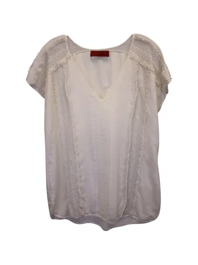 Pre-owned Carolina Herrera Vintage Lace-trim V-neck Blouse In White
