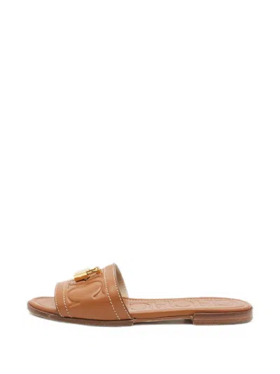 Pre-owned Carolina Herrera Vintage Leather Flat Slides In Brown