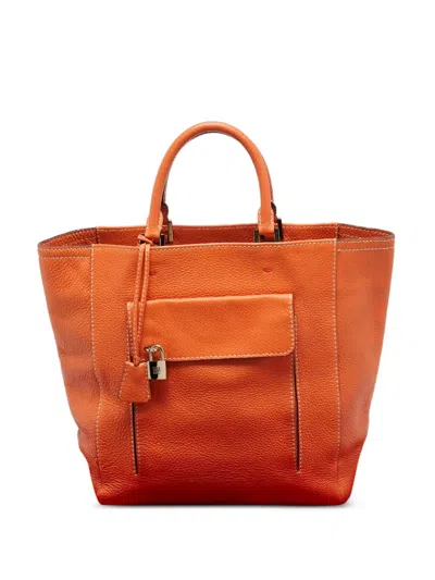 Pre-owned Carolina Herrera Vintage Leather Pocket Tote Bag In Orange