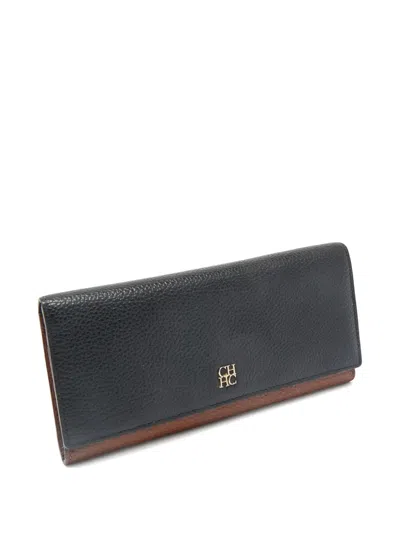 Pre-owned Carolina Herrera Vintage Leather Trifold Wallet In Black