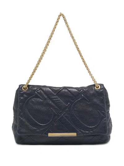 Pre-owned Carolina Herrera Vintage Logo-embossed Leather Shoulder Bag In Blue