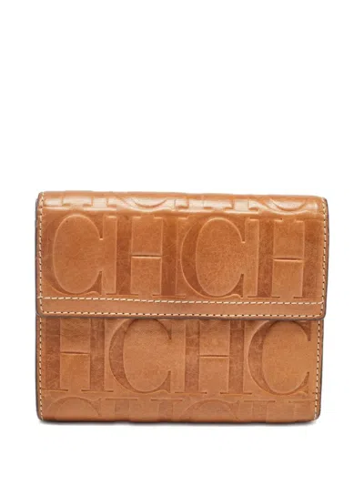 Pre-owned Carolina Herrera Vintage Logo-embossed Leather Wallet In Brown