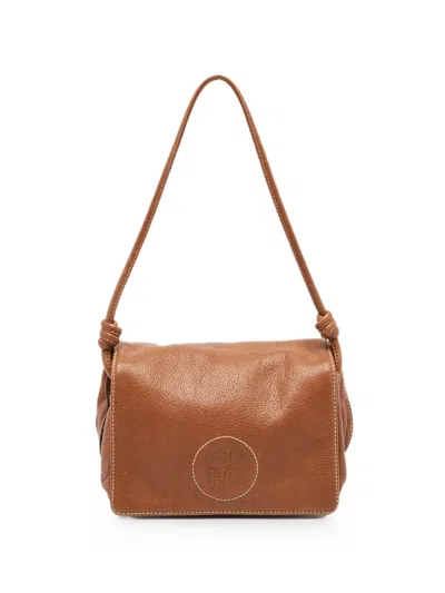 Pre-owned Carolina Herrera Vintage Logo-embossed Flap Shoulder Bag In Brown