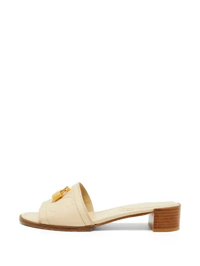 Pre-owned Carolina Herrera Vintage Magnolia Padlock Slide Sandals In Neutral