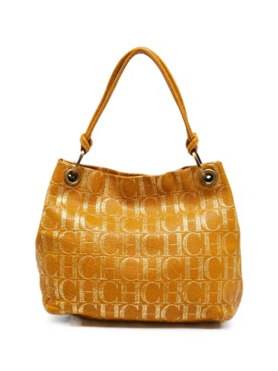 Pre-owned Carolina Herrera Vintage Medium Monogram-pattern Ring-handle Tote Bag In Orange