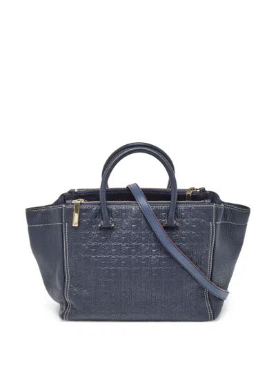 Pre-owned Carolina Herrera Vintage Monogram-embossed Leather Tote Bag In Blue