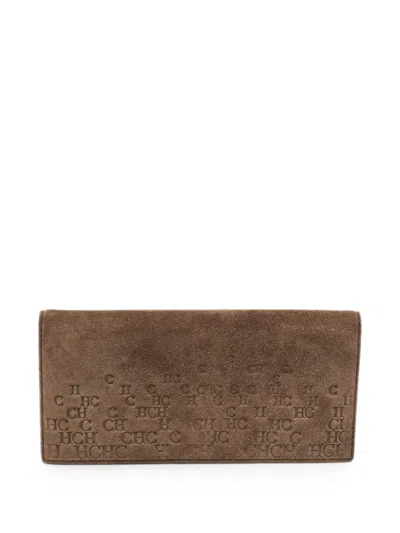 Pre-owned Carolina Herrera Vintage Monogram Suede Wallet In Brown