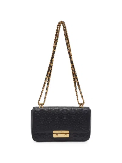 Pre-owned Carolina Herrera Vintage Monogram-embossed Push-lock Shoulder Bag In Black