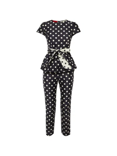 Pre-owned Carolina Herrera Vintage Polka Dot Peplum Jumpsuits In Blue