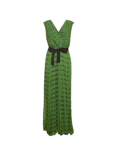Pre-owned Carolina Herrera Vintage Polka Dot-print Plissé Maxi Dress In Green