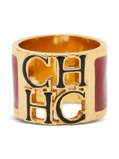 Pre-owned Carolina Herrera Vintage  Logo Enamel Ring In Gold