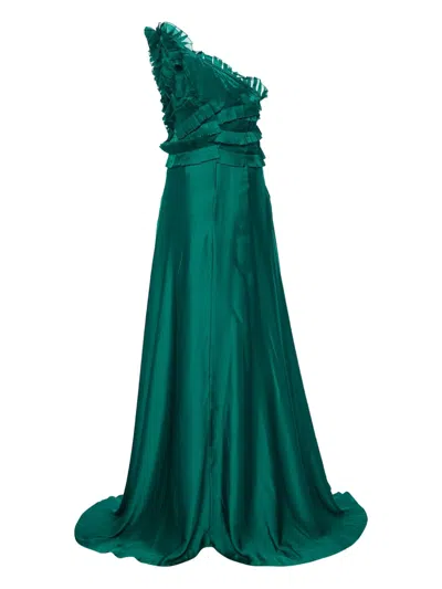 Pre-owned Carolina Herrera Vintage  Ruffled Silk Gown In Green