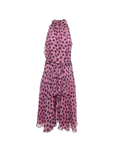 Pre-owned Carolina Herrera Vintage Silk Polka-dot Midi Dress In Pink