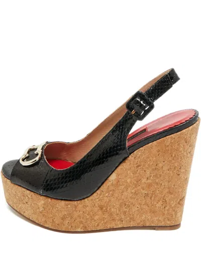 Pre-owned Carolina Herrera Vintage Snakeskin-embossed Wedge Sandals In Black