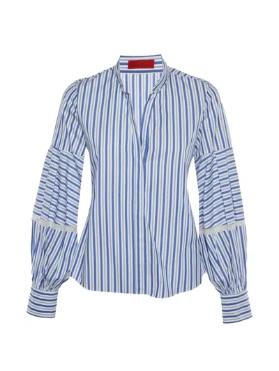 Pre-owned Carolina Herrera Vintage Striped Lace-trim Blouse In Blue