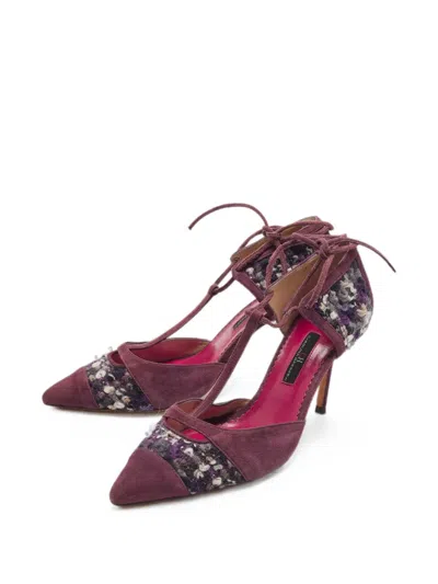 Pre-owned Carolina Herrera Vintage Tweed T-strap Heeled Pumps In Purple