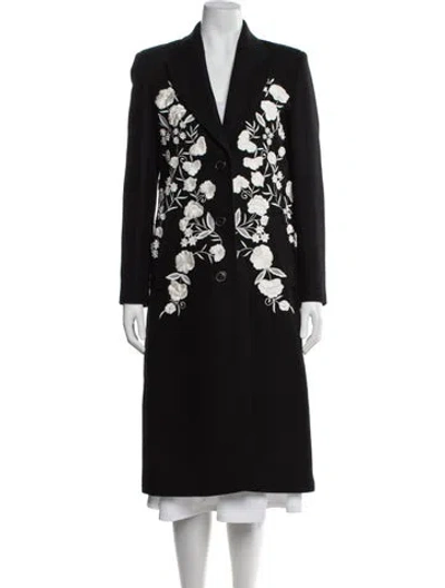 Pre-owned Carolina Herrera Virgin Wool Floral Print Coat In Black