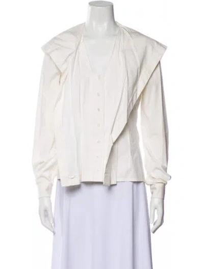 Pre-owned Carolina Herrera V-neck Long Sleeve Blouse In White