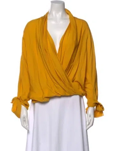 Pre-owned Carolina Herrera V-neck Long Sleeve Blouse In Yellow