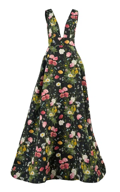 Carolina Herrera V-neck Meadow Floral Silk Faille Gown In Black