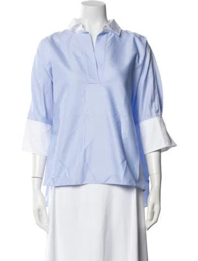 Pre-owned Carolina Herrera V-neck Three-quarter Sleeve Blouse In Blue