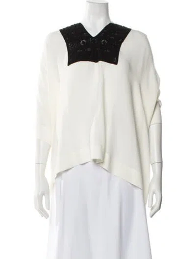 Pre-owned Carolina Herrera V-neck Three-quarter Sleeve Blouse In White