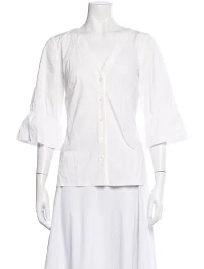 Pre-owned Carolina Herrera V-neck Three-quarter Sleeve Blouse In White