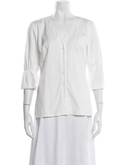 Pre-owned Carolina Herrera V-neck Three-quarter Sleeve Blouse In White