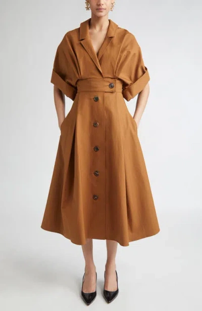 Carolina Herrera Wide Sleeve Belted Stretch Cotton Sateen Shirtdress In Brown
