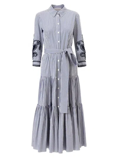 Carolina Herrera Belted Tiered Embroidered Striped Cotton-poplin Midi Dress In Blue