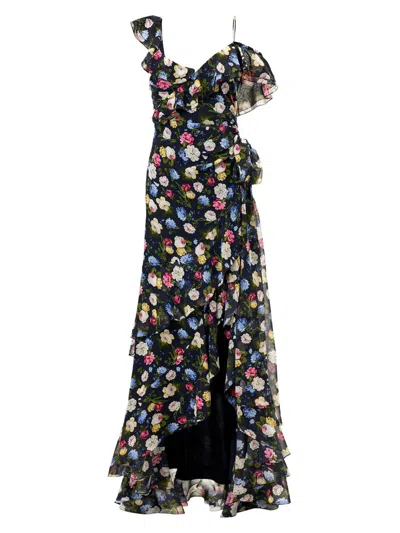 Carolina Herrera Floral Print Ruffle Asymmetric Silk Gown In Multi