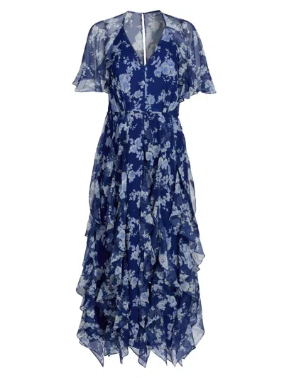 Carolina Herrera Floral Print Ruffle Silk Chiffon Midi Dress In Blue