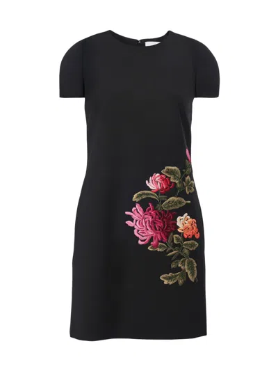 Carolina Herrera Floral Embroidered Stretch Wool Shift Dress In Black