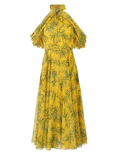 Carolina Herrera Women's Draped Printed Silk Cold-shoulder Cocktail Dress In Gold